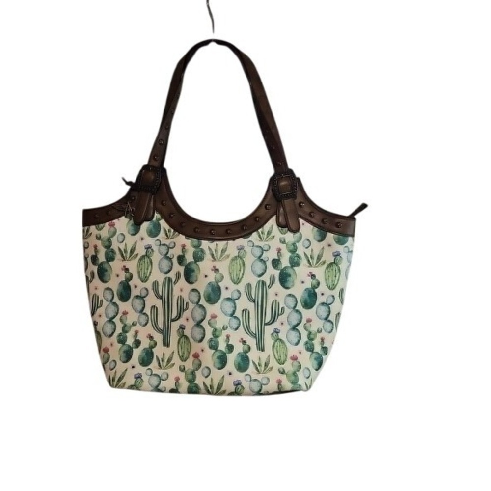 Angel Ranch Cactus‎ Print Tote Bag Brown Faux Leather Studded Western Shoulder
